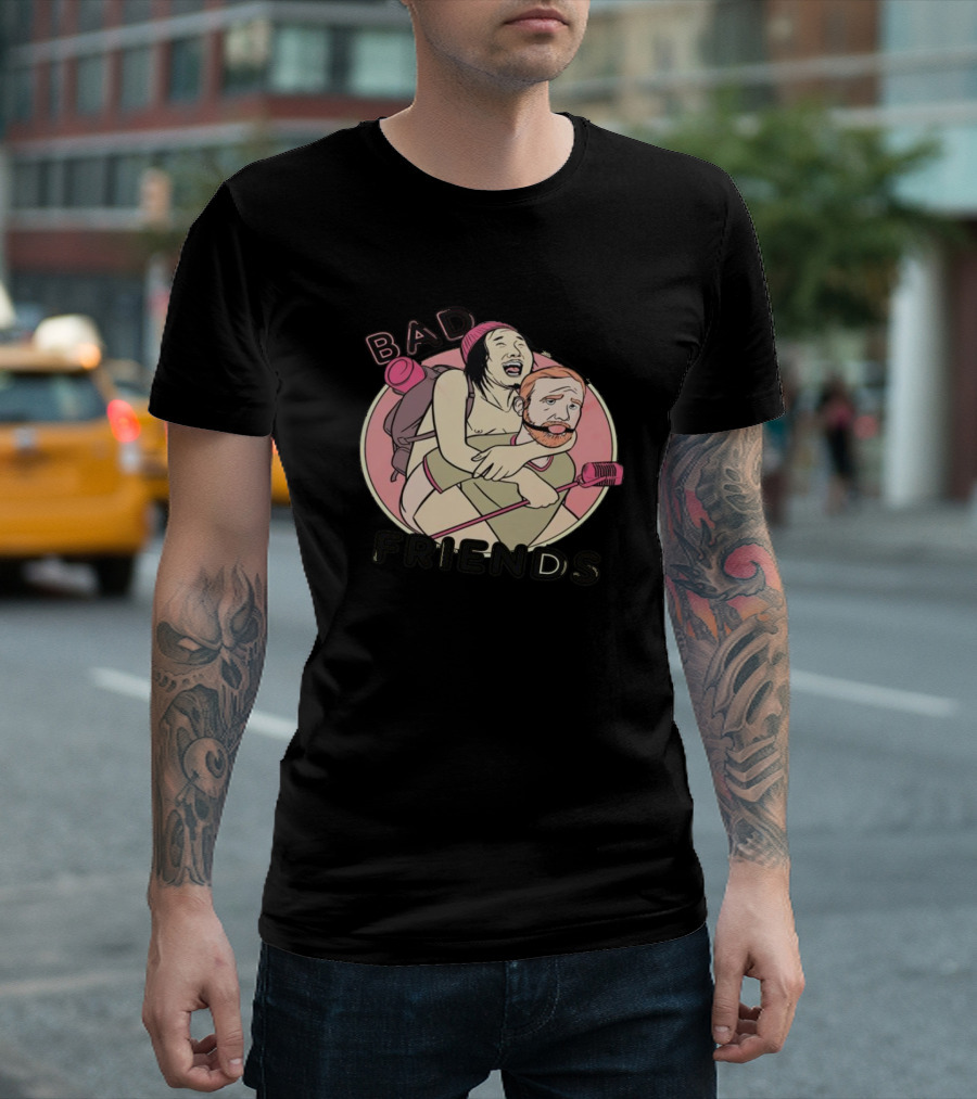 Bad Friends Comedy Podcast Piggyback Mic T-Shirt
