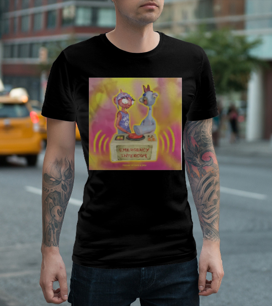 Emergency Intercom Podcast By Enya And Drew Vibrant Cartoon Characters On Bright Background T-Shirt
