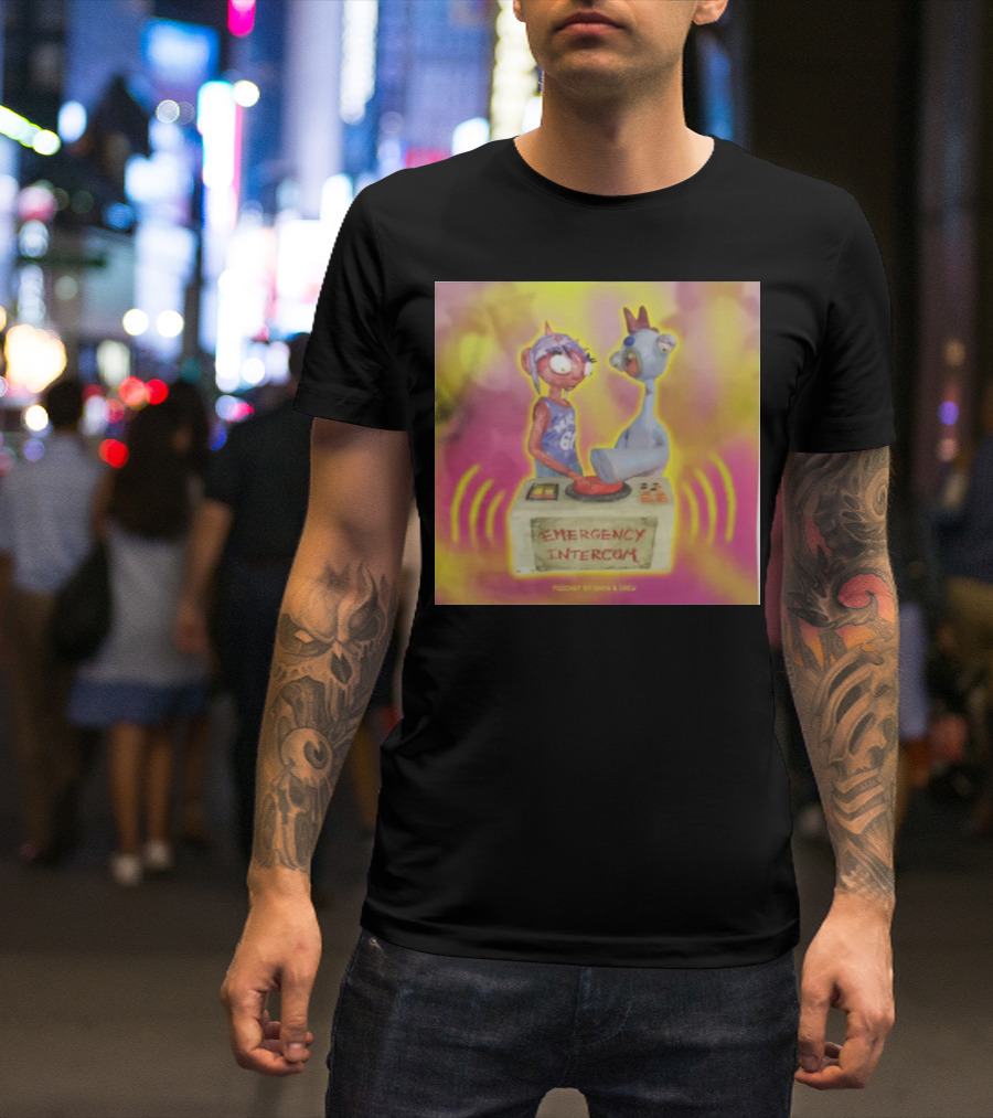 Emergency Intercom Podcast By Enya And Drew Vibrant Cartoon Characters On Bright Background T-Shirt