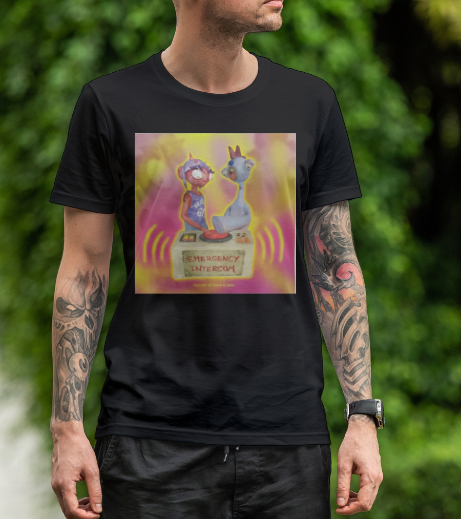 Emergency Intercom Podcast By Enya And Drew Vibrant Cartoon Characters On Bright Background T-Shirt