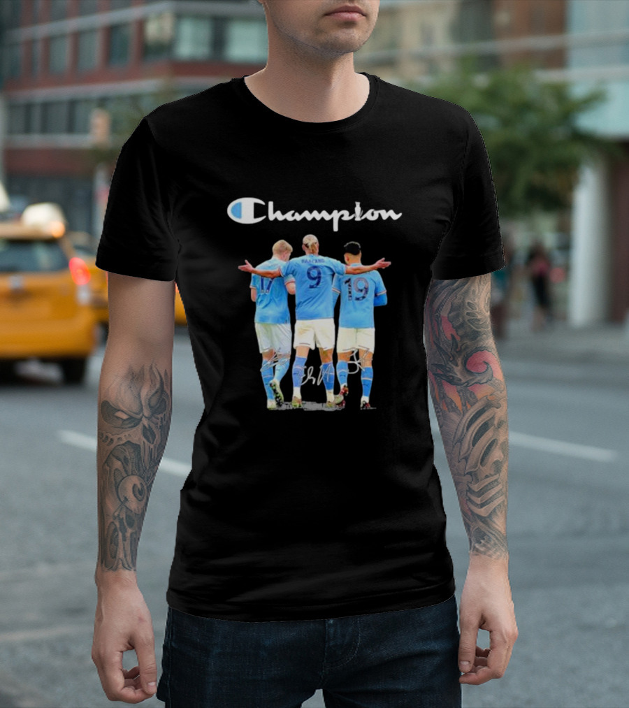 Champion Erling Haaland Kevin De Bruyne Julián Álvarez Manchester City T-Shirt