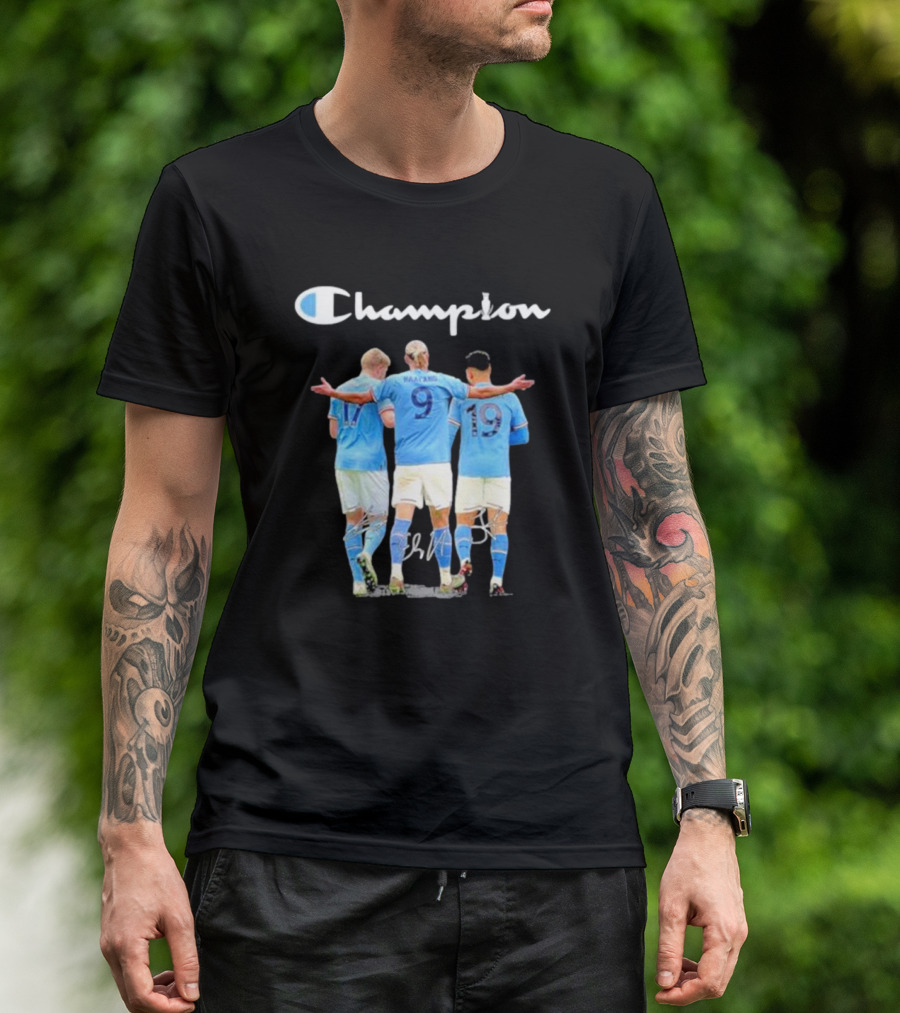 Champion Erling Haaland Kevin De Bruyne Julián Álvarez Manchester City T-Shirt