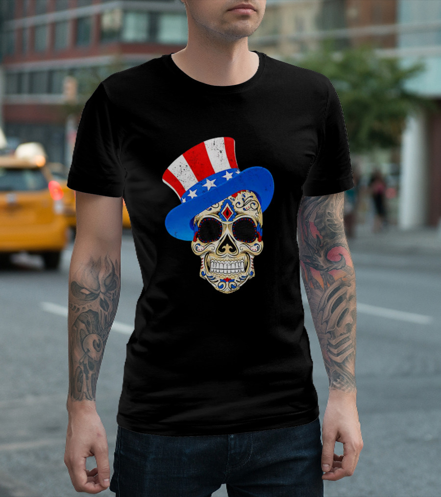 4th of July Patriotic Sugar Skull with Stars and Stripes Hat T-Shirt