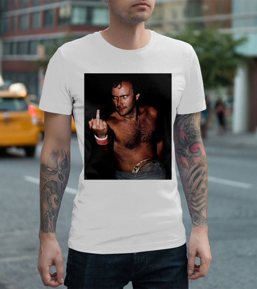 Phil Collins Middle Finger Gesture Image With Drum Visible T-Shirt