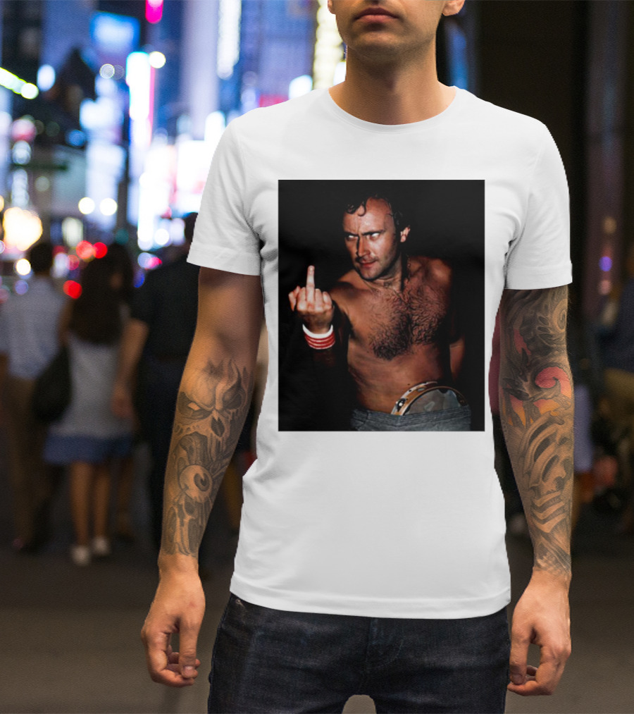 Phil Collins Middle Finger Gesture Image With Drum Visible T-Shirt