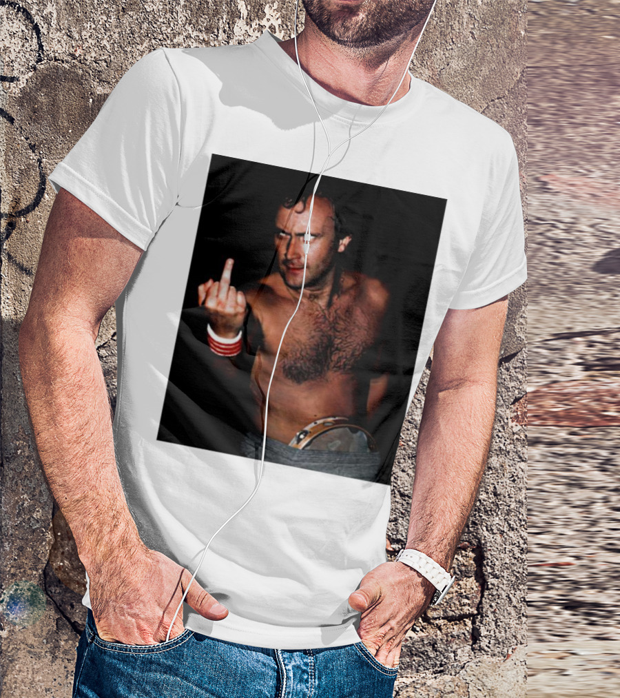 Phil Collins Middle Finger Gesture Image With Drum Visible T-Shirt