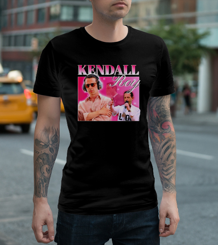 Kendall Roy Vintage Homage Pink Background Music and Microphone T-Shirt