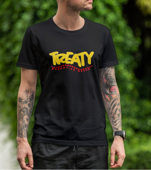 Treaty Dreamtime Aroha Yellow Text With Red Dots T-Shirt