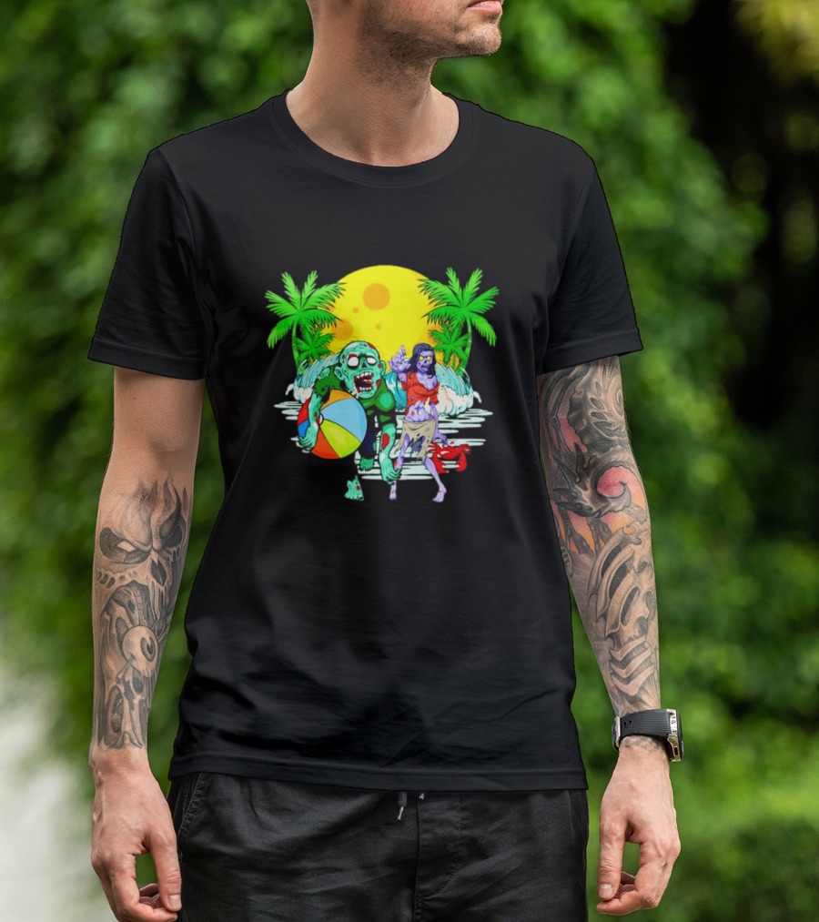 Zombie Beach Party Under Palm Trees With Beach Ball And Surf Waves T-Shirt