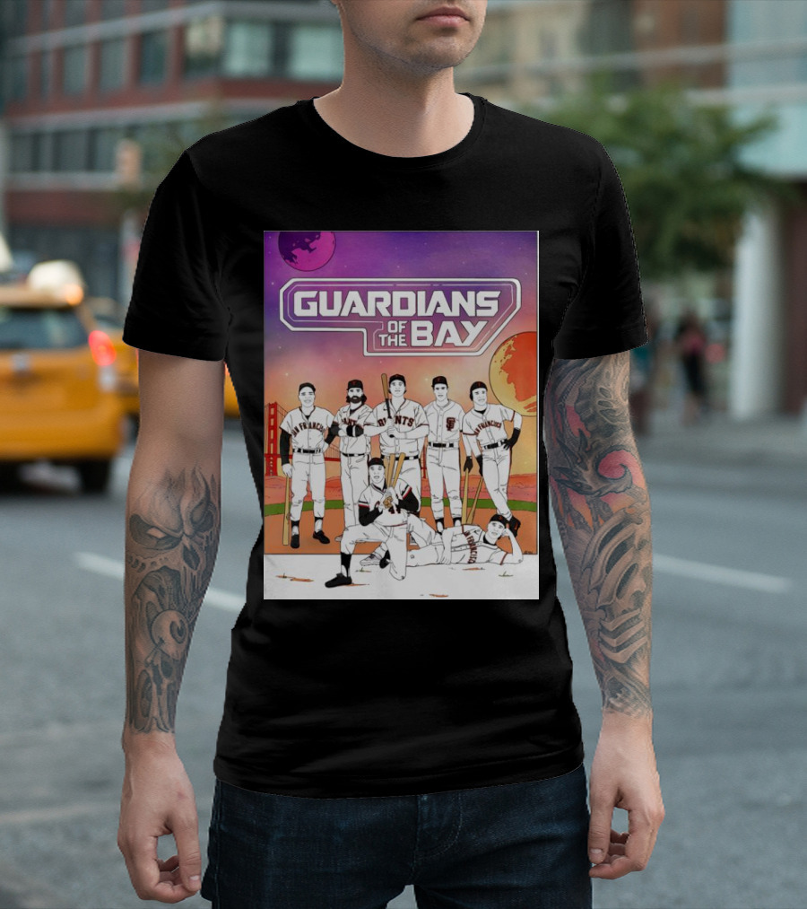 Guardians of the Bay San Francisco Giants Baseball Players with Golden Gate Bridge and Sunset Background T-Shirt