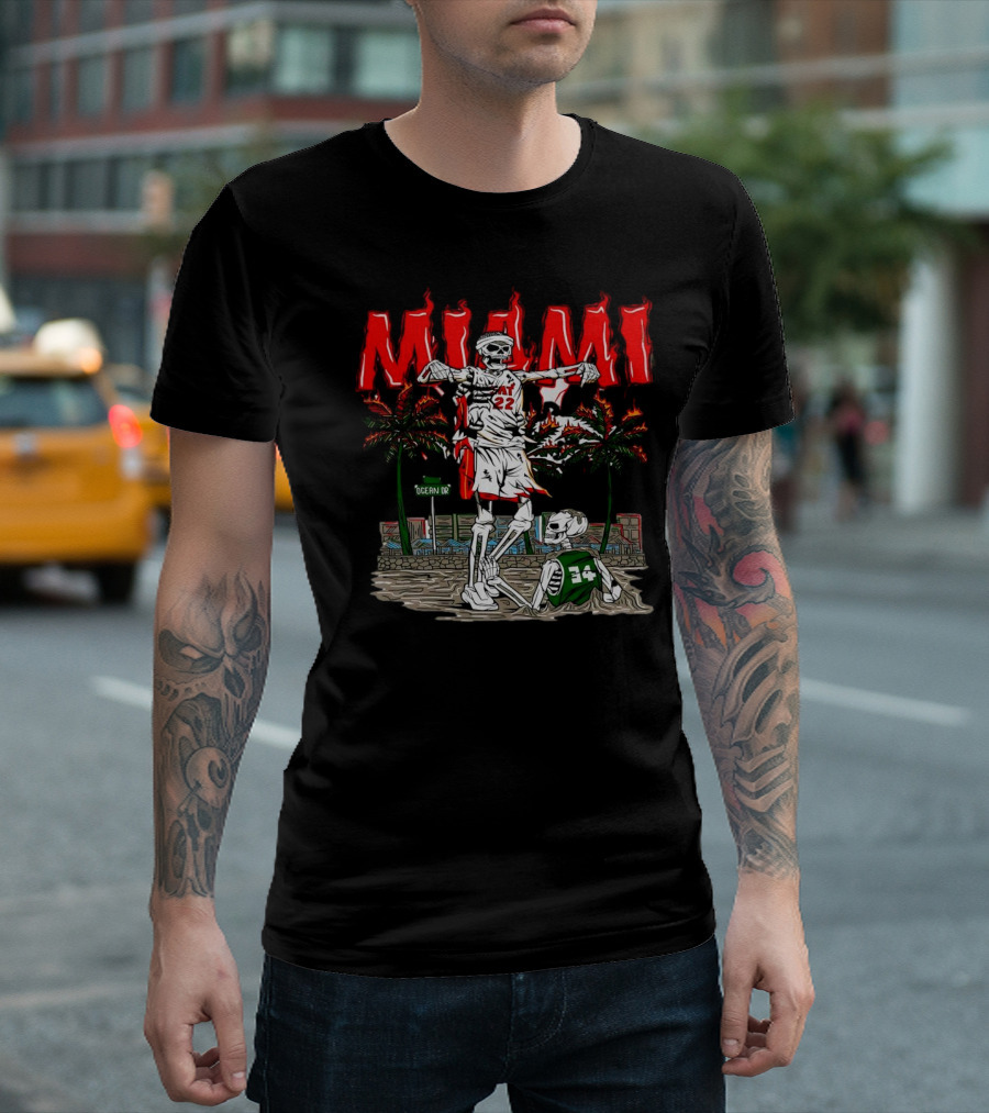 Miami Heat Skeleton Celebrating Over Boston Celtics on Ocean Drive T-Shirt