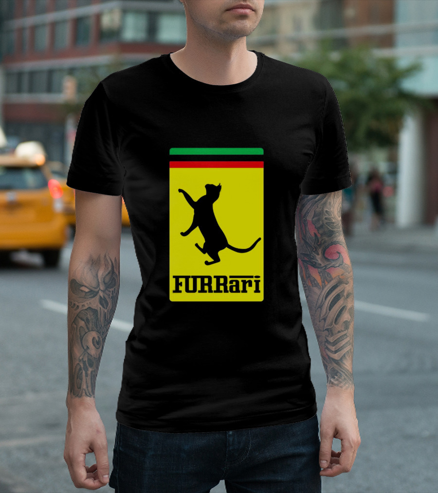 Furrari Black Cat Silhouette With Iconic Color Stripes T-Shirt