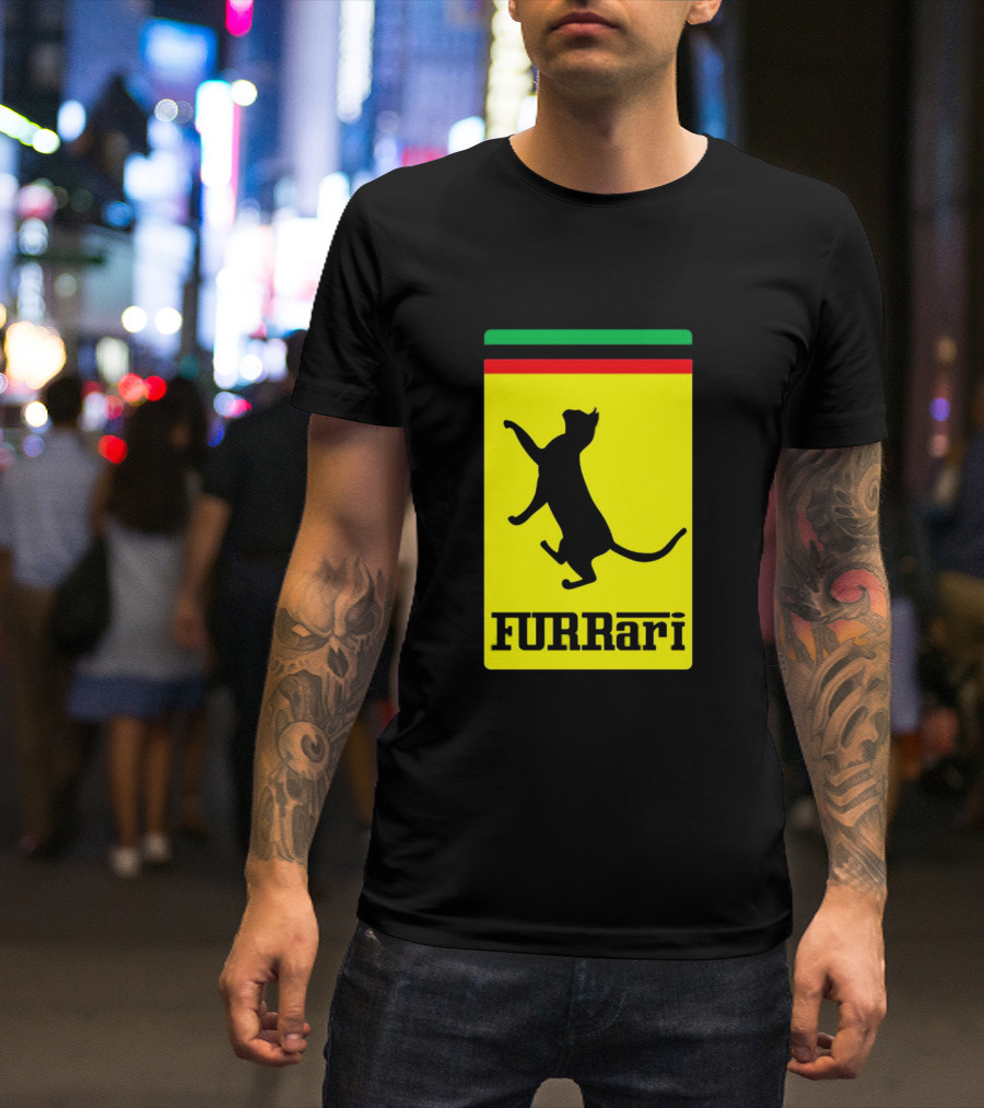 Furrari Black Cat Silhouette With Iconic Color Stripes T-Shirt