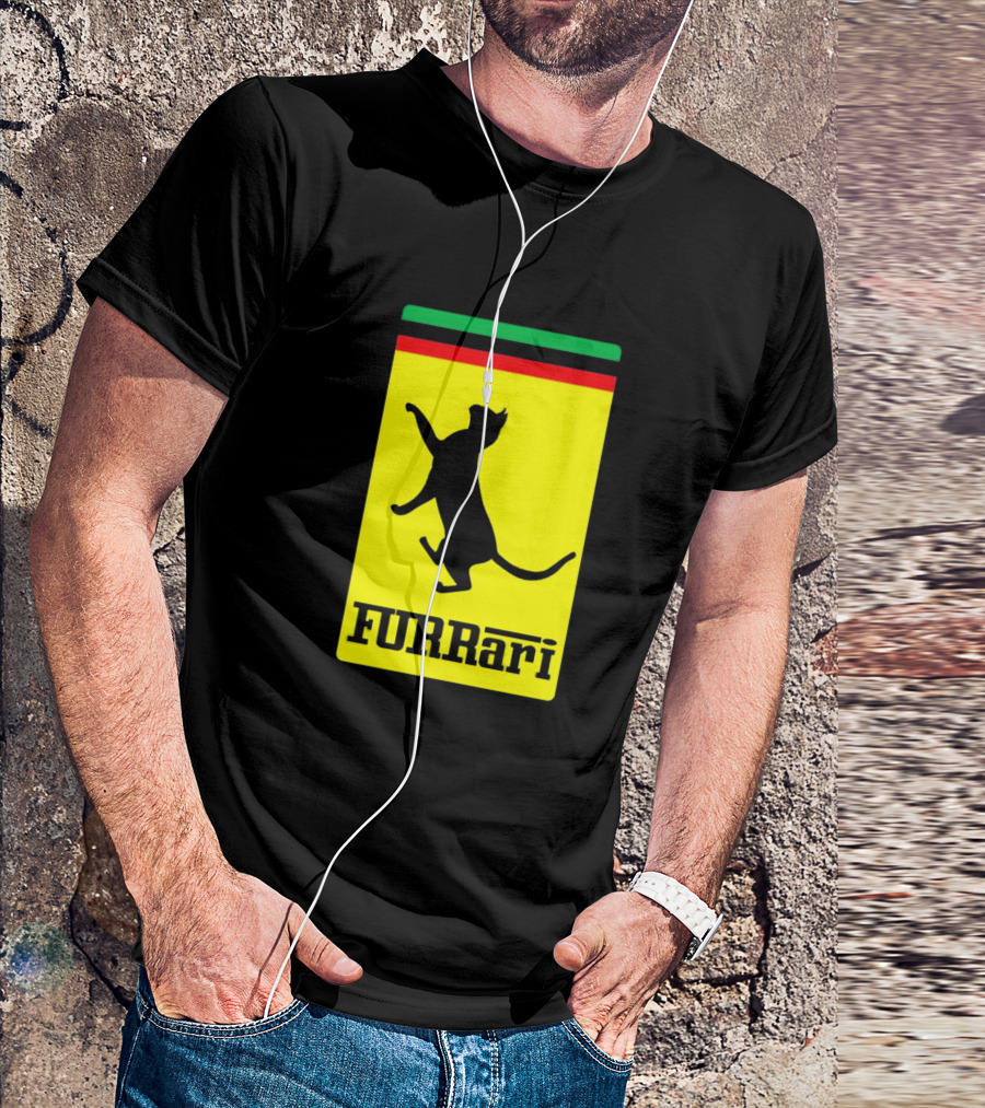 Furrari Black Cat Silhouette With Iconic Color Stripes T-Shirt