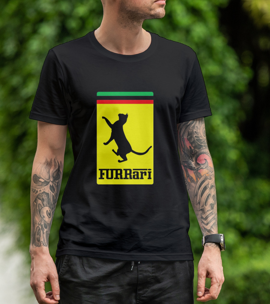 Furrari Black Cat Silhouette With Iconic Color Stripes T-Shirt