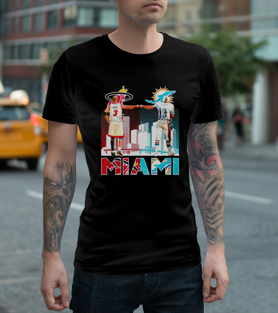 Miami Heat Dwyane Wade And Miami Dolphins Dan Marino Iconic Fist Bump Signatures T-Shirt