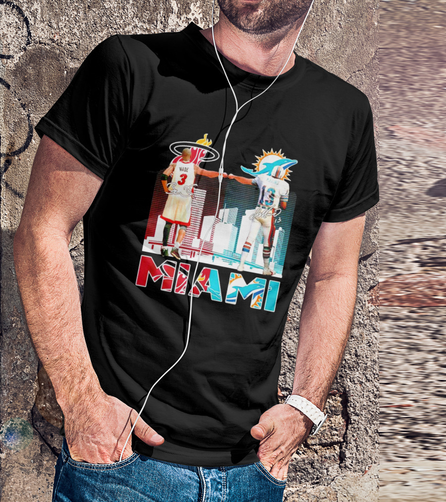 Miami Heat Dwyane Wade And Miami Dolphins Dan Marino Iconic Fist Bump Signatures T-Shirt