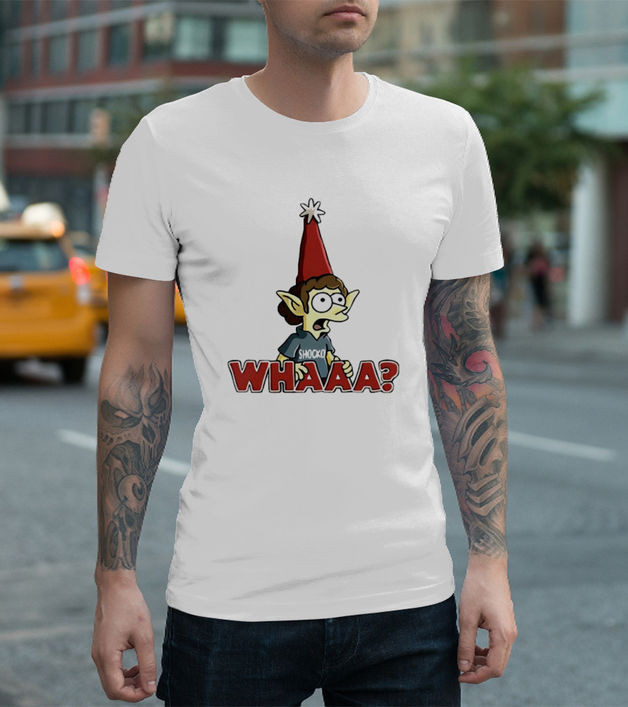 Shocko Whaaa Elf Character with Red Hat and Surprised Expression T-Shirt