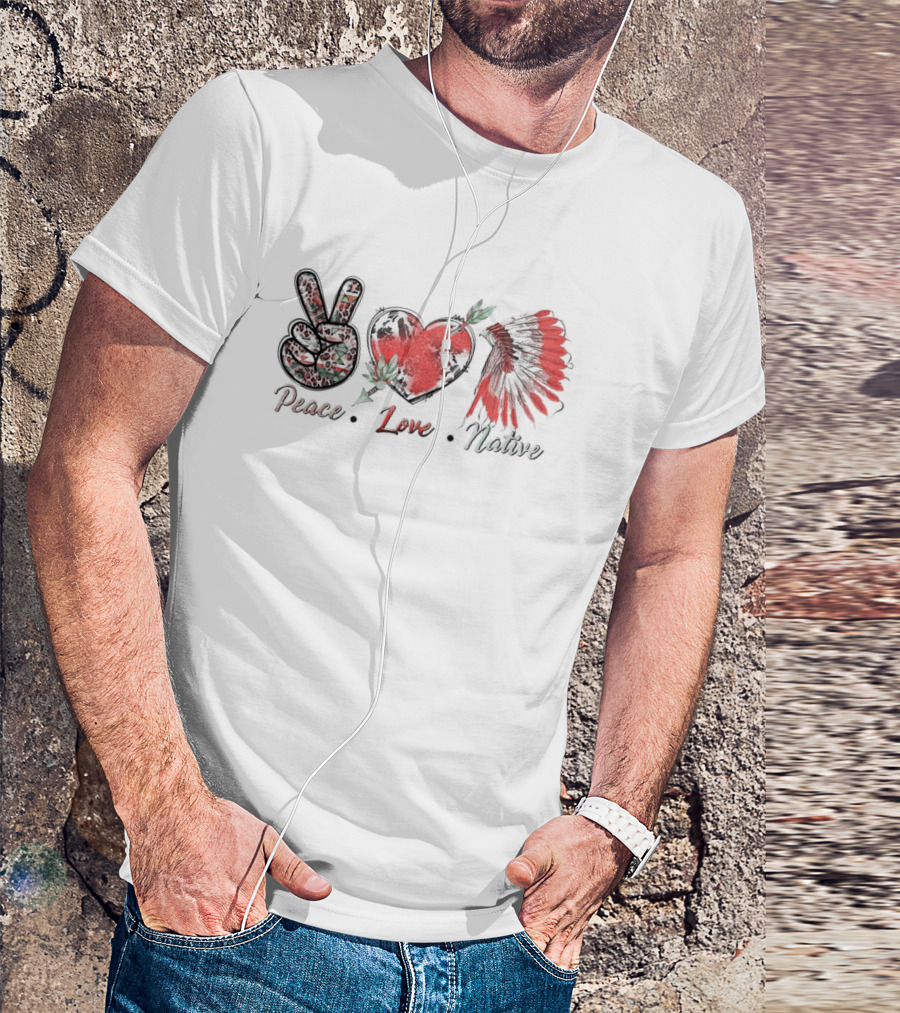 Peace Love Native Red Feather Headdress T-Shirt