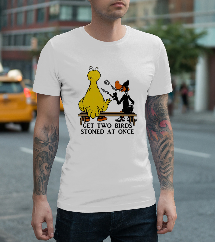 Get Two Birds Stoned at Once Smoking Yellow Black Cartoon Birds Bench T-Shirt