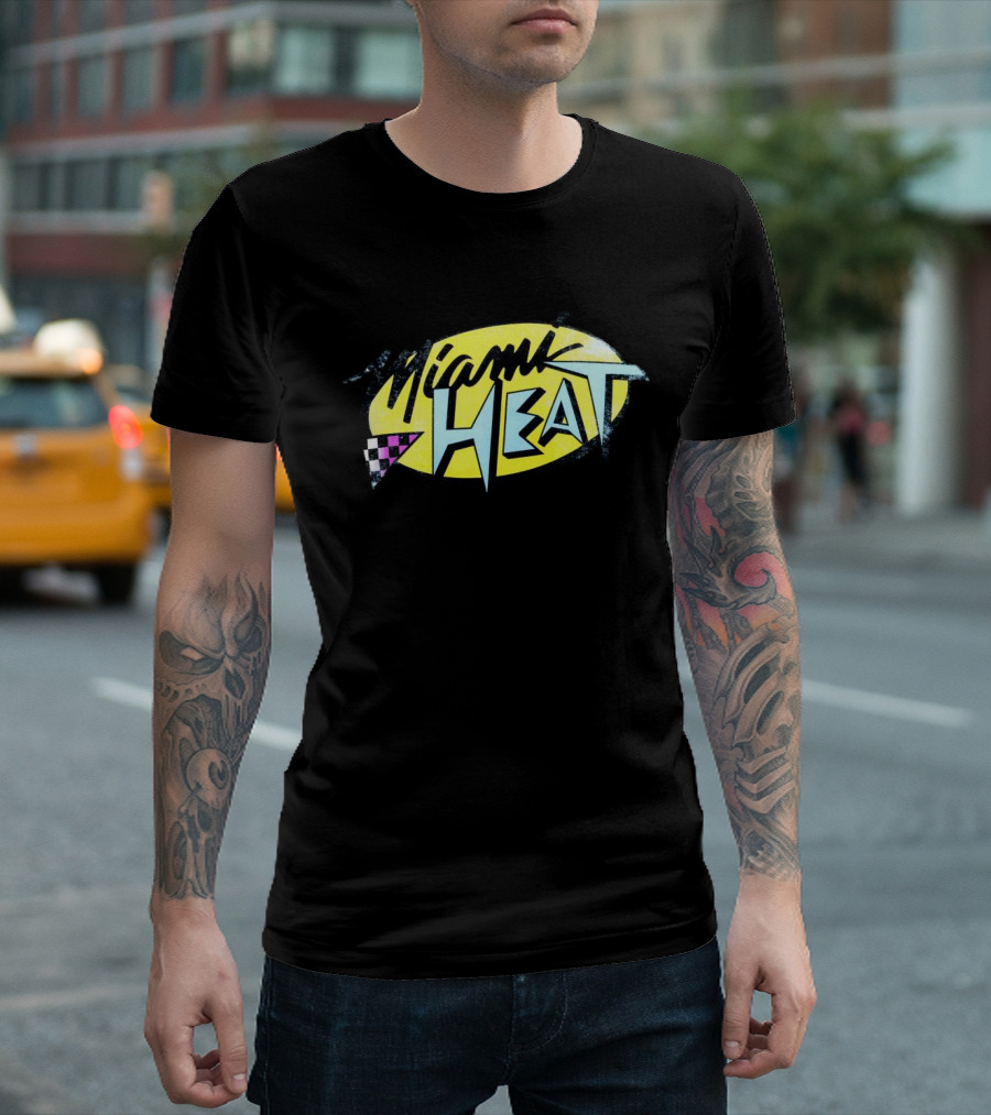 Miami Heat Retro 90s Style Logo with Neon Colors and Checkered Triangle T-Shirt