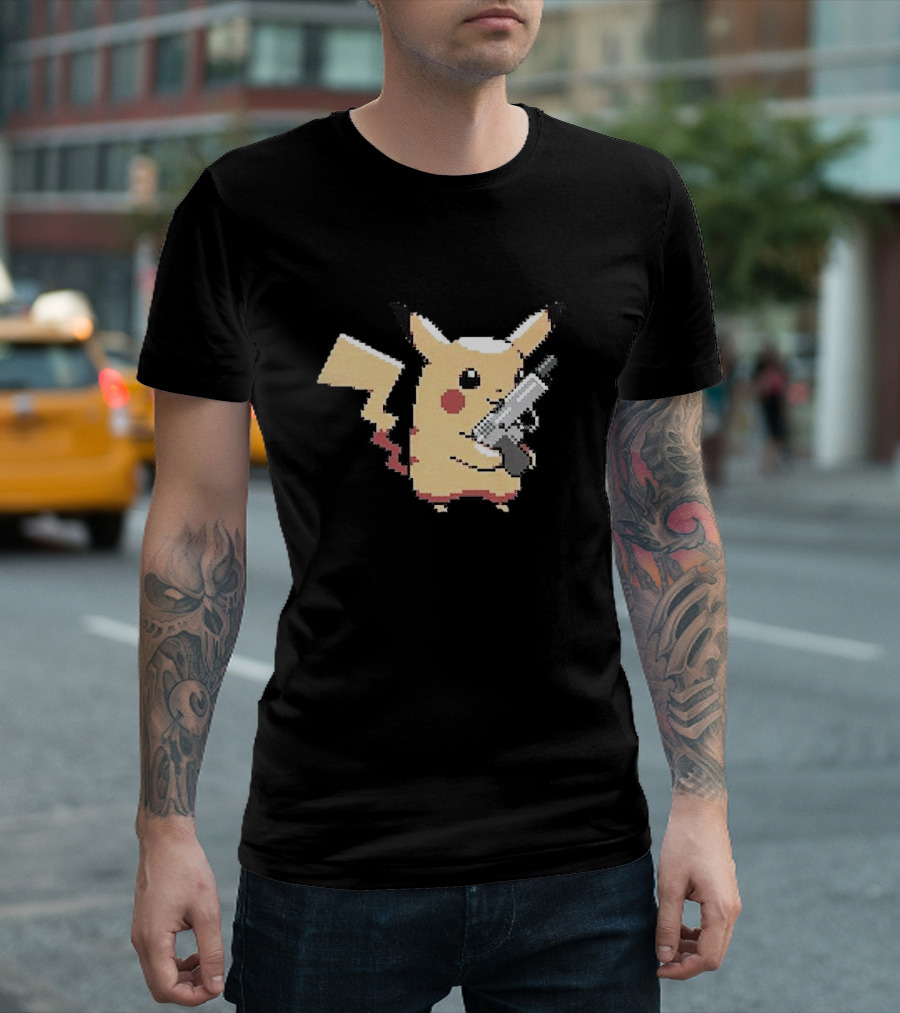 Pikachu Holding Gun Pixel T-Shirt