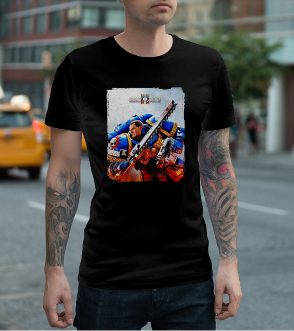 Warhammer 40000 Space Marine 2 Titus Game Art Ultramarine Warrior Battle Scene T-Shirt