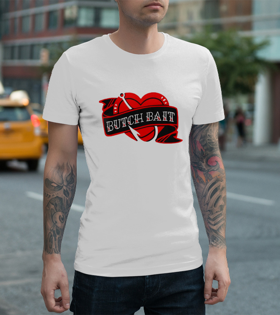 Butch Bait Heart with Fishing Hook Banner T-Shirt