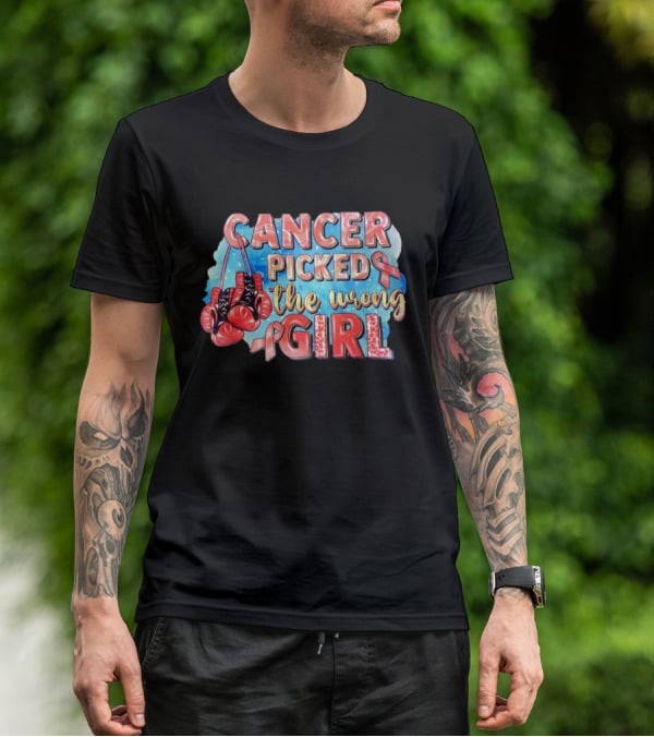 Cancer Picked The Wrong Girl Pink Ribbon Boxing Gloves T-Shirt