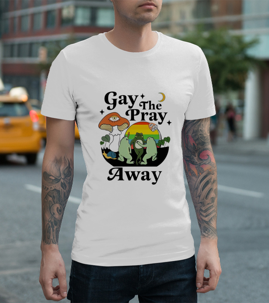 Gay the Pray Away Rainbow Frog Dance with Mushroom and Moon Scene T-Shirt