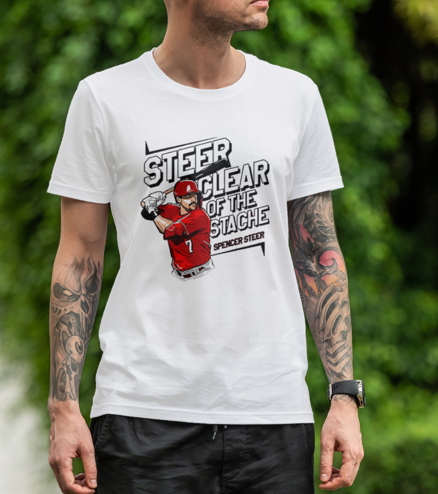 Spencer Steer Clear Of The Stache Baseball Player Illustration With Red Jersey And Bat T-Shirt