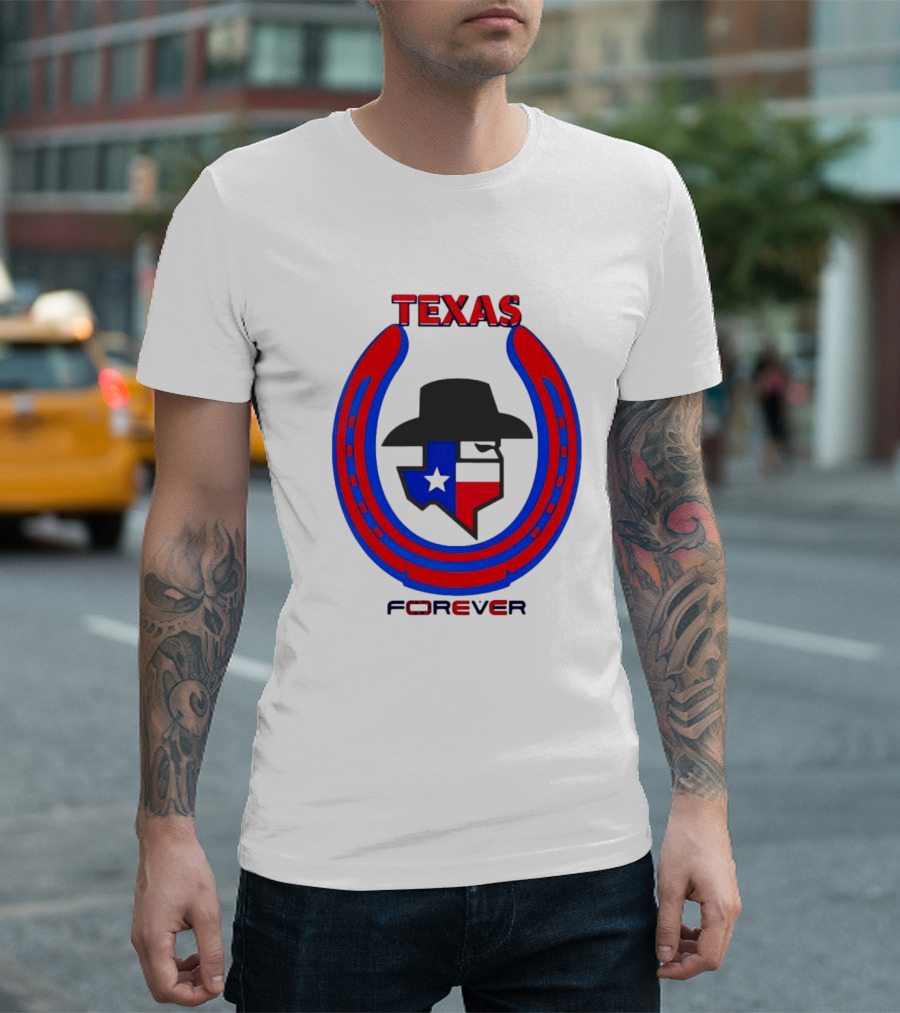 Texas Forever Lone Star Horseshoe Red Blue Cowboy Hat T-Shirt