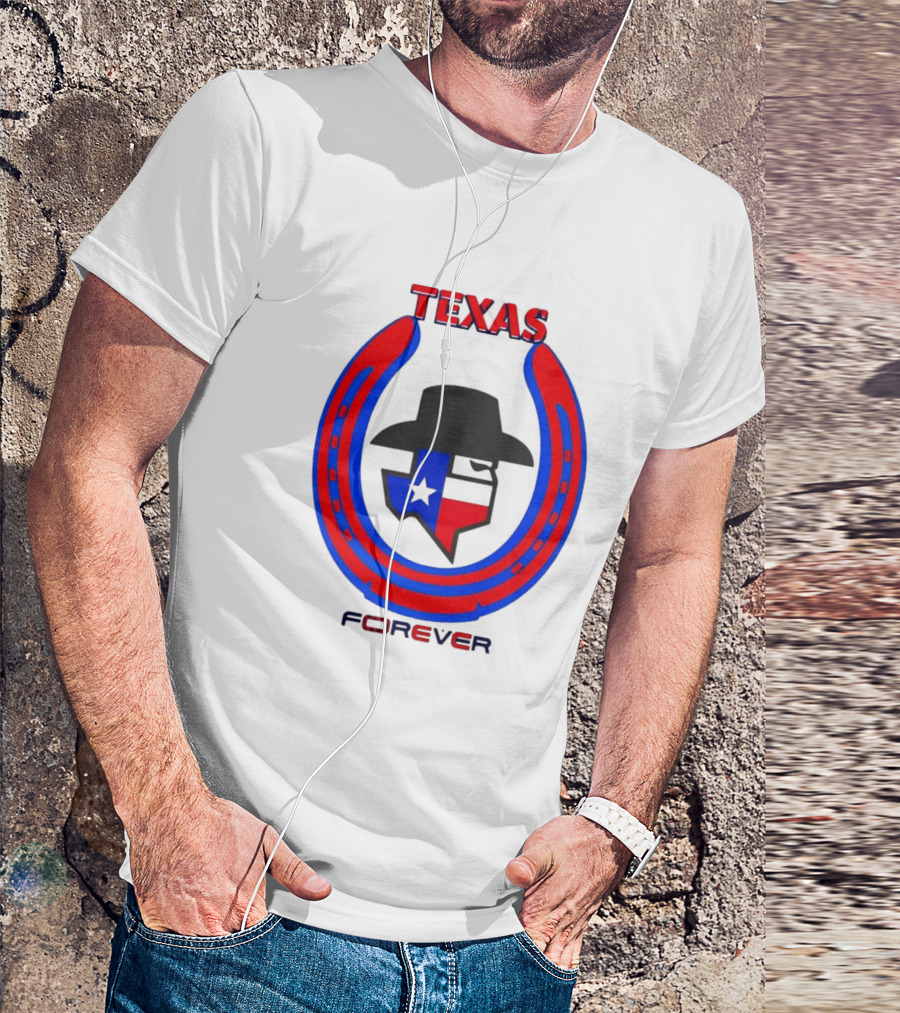 Texas Forever Lone Star Horseshoe Red Blue Cowboy Hat T-Shirt