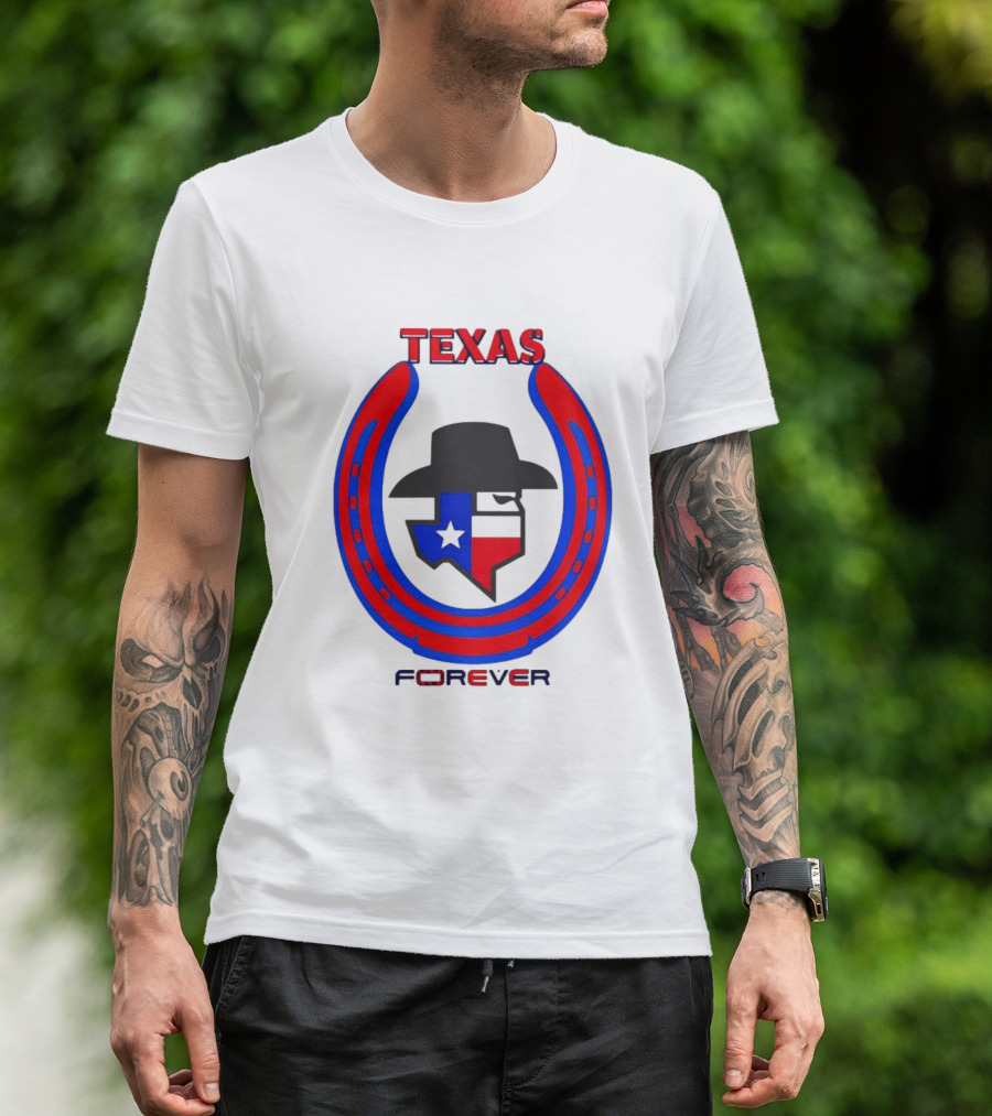 Texas Forever Lone Star Horseshoe Red Blue Cowboy Hat T-Shirt