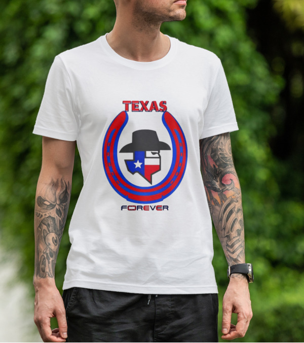 Texas Forever Lone Star Horseshoe Red Blue Cowboy Hat T-Shirt