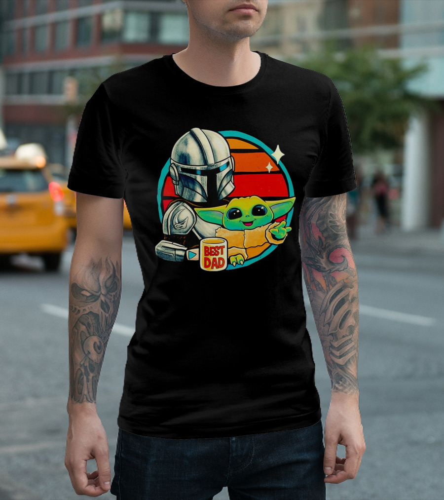 Best Dad Din Djarin with Grogu Vintage Retro Sunset T-Shirt