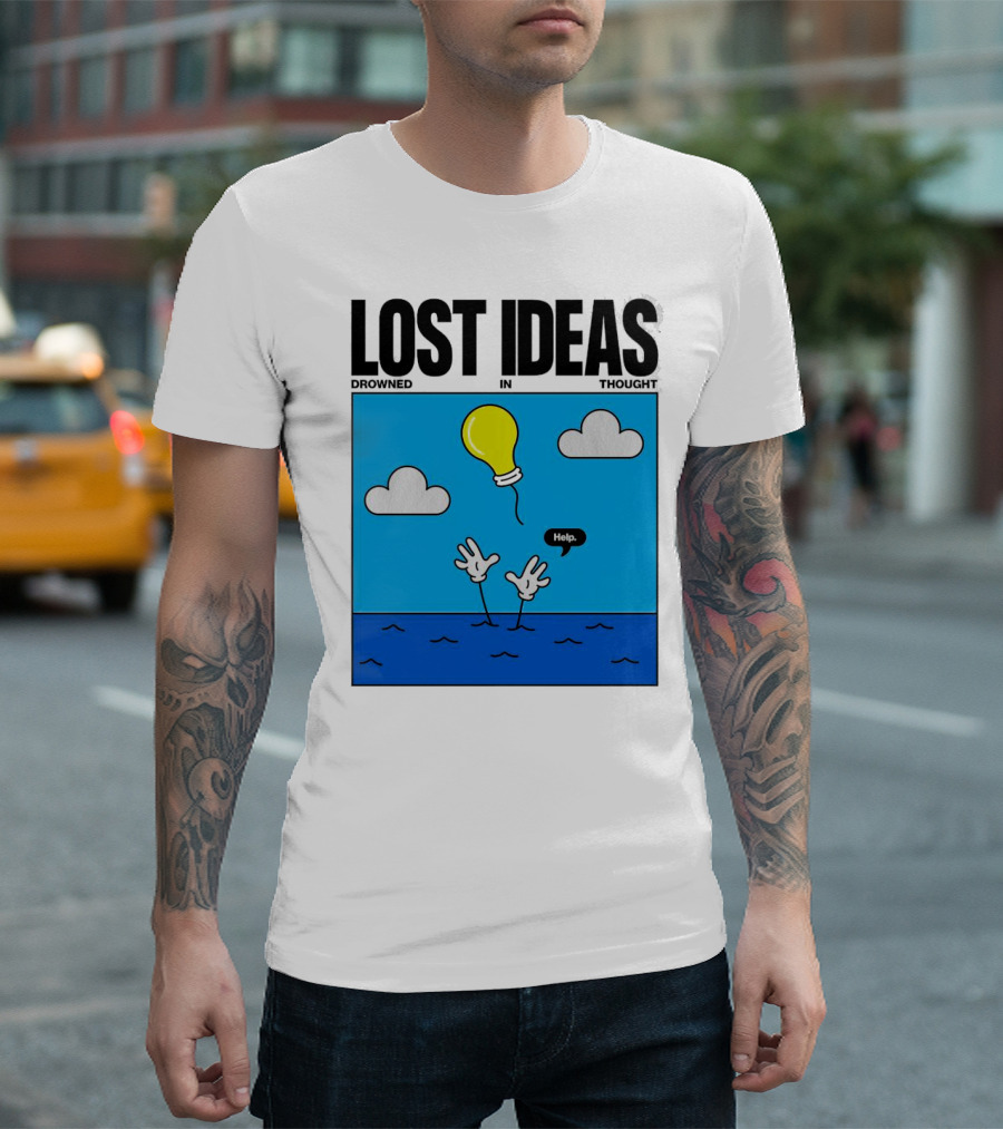 Lost Ideas Drowned in Thought Help Lightbulb Above Water Hands Clouds T-Shirt