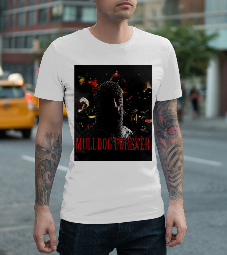 MULLDOG FOREVER Medieval Knight in Chainmail Armor Amidst Battle Scene T-Shirt