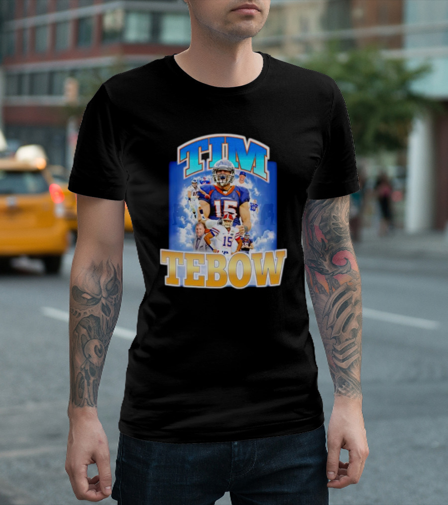 TIM TEBOW Football Montage with Number 15 and Team Colors T-Shirt