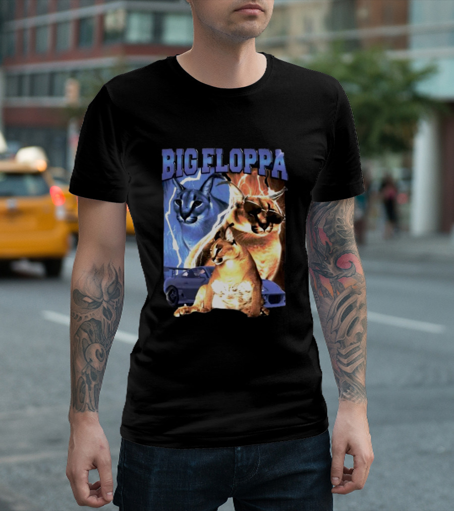 Big Floppa Caracal Trio with Lightning and Sports Car T-Shirt