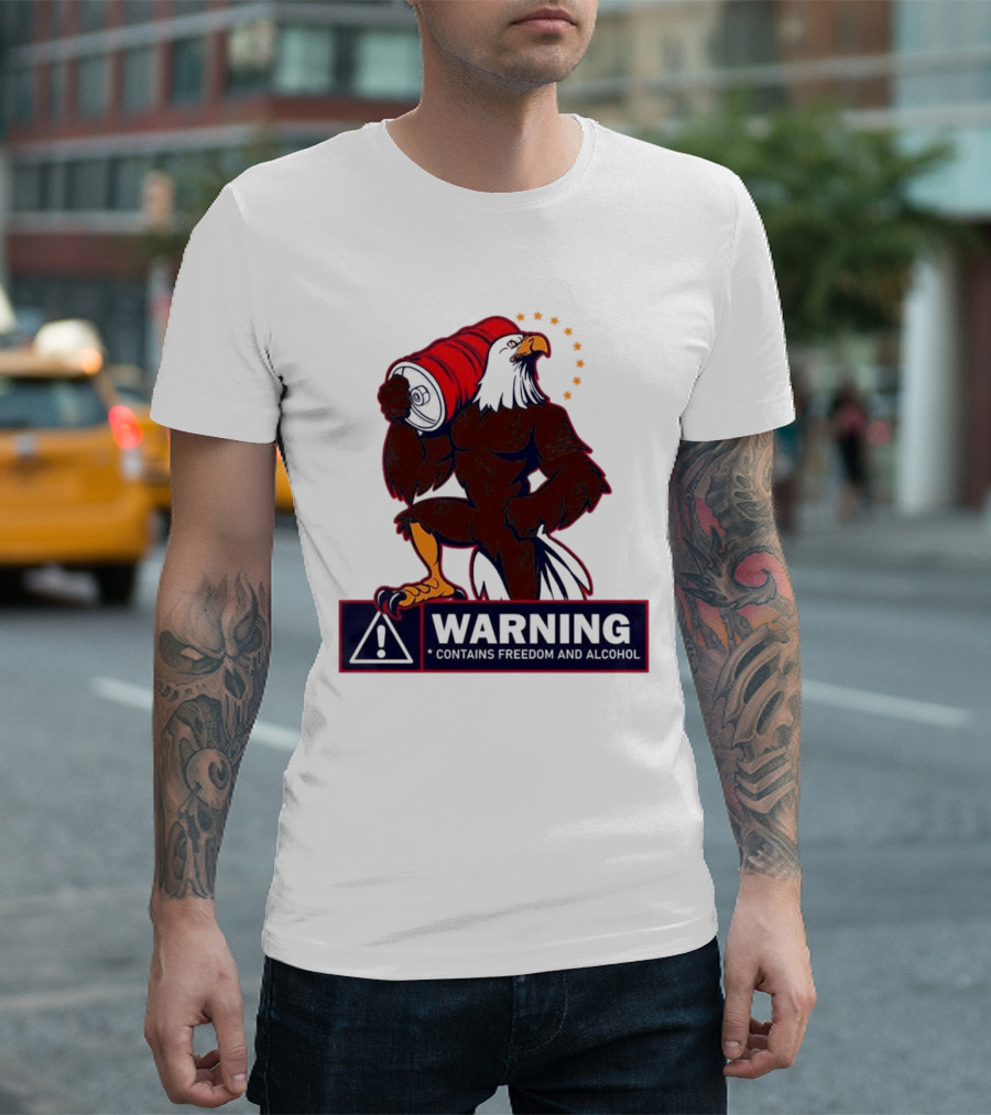Warning Eagle Contains Freedom and Alcohol Symbol with Barrel and Stars T-Shirt