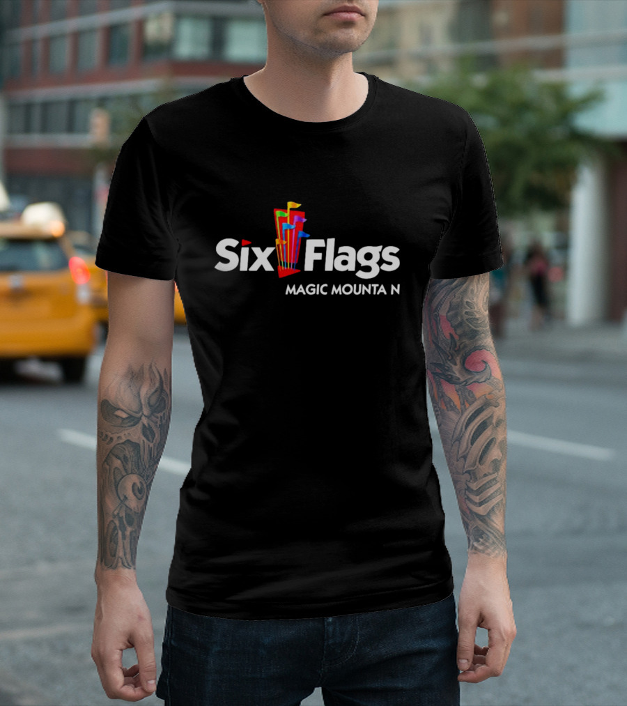 Six Flags Magic Mountain Logo With Colorful Flags T-Shirt