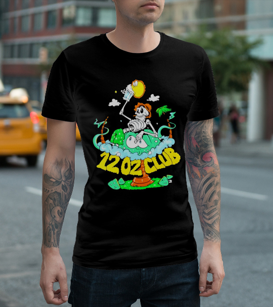12 Oz Club Skeleton with Sunny Days Cheers Tropical Vibes T-Shirt