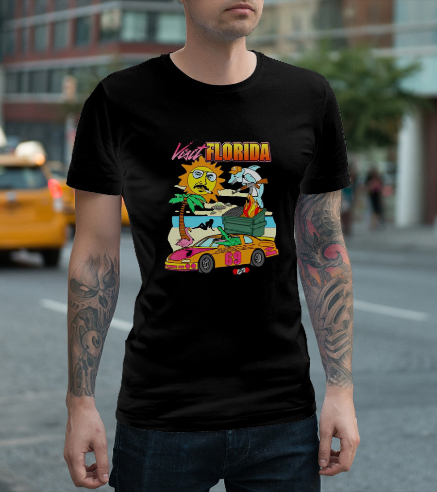 Visit Florida Beach Car Alligator Sun Dolphin Racing Fun T-Shirt
