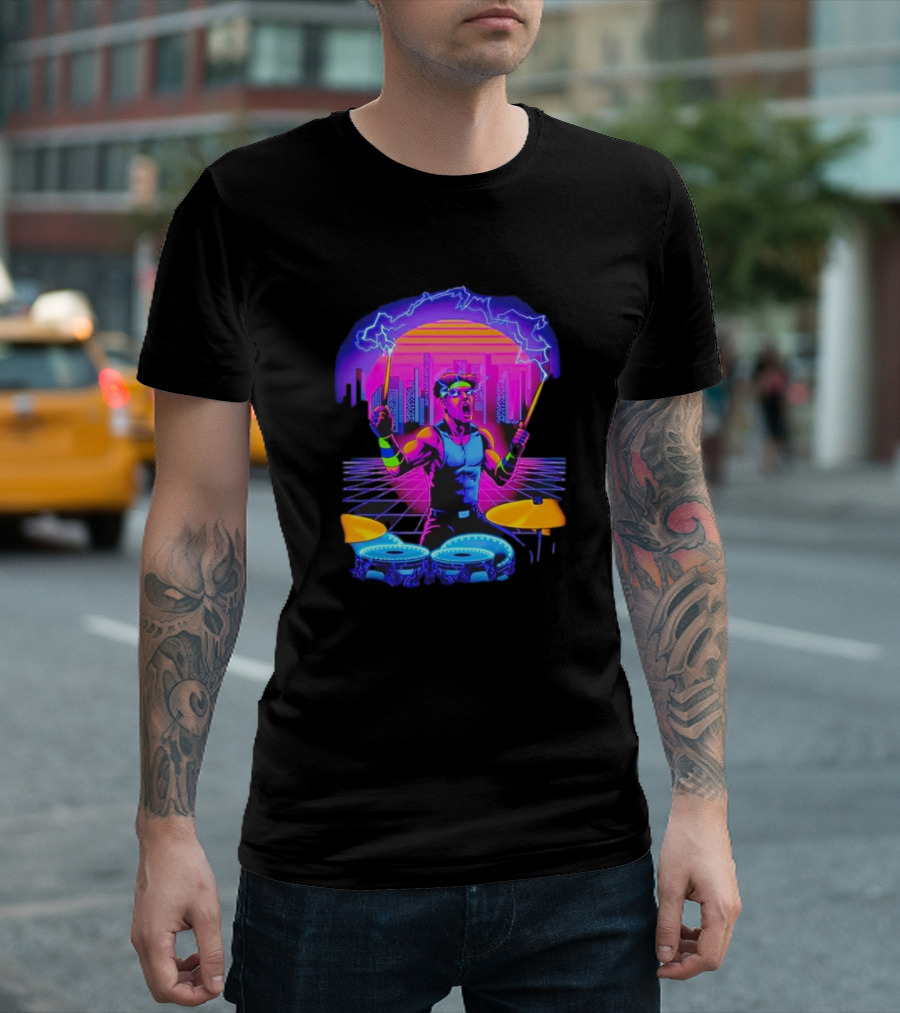 Drumatron Neon City Electric Drummer in Retro Futuristic Skyline T-Shirt