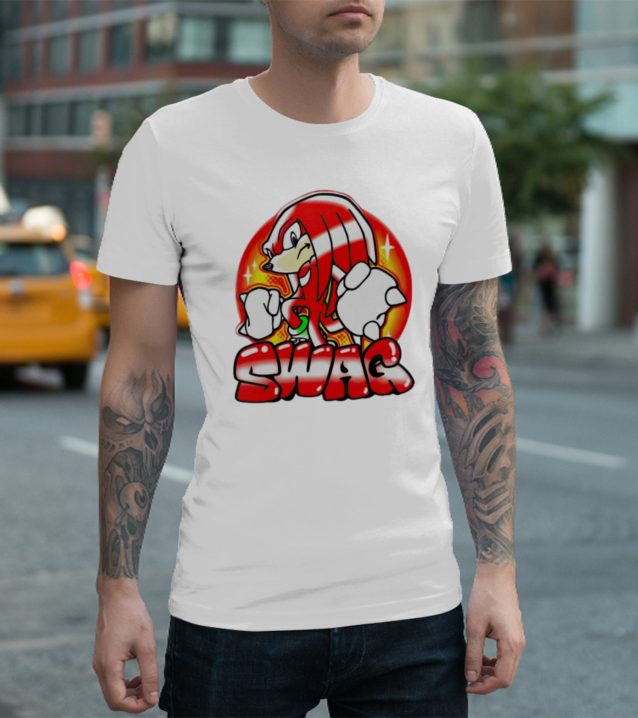 Knuckles Swag with Red Logo and Bold Cartoon T-Shirt