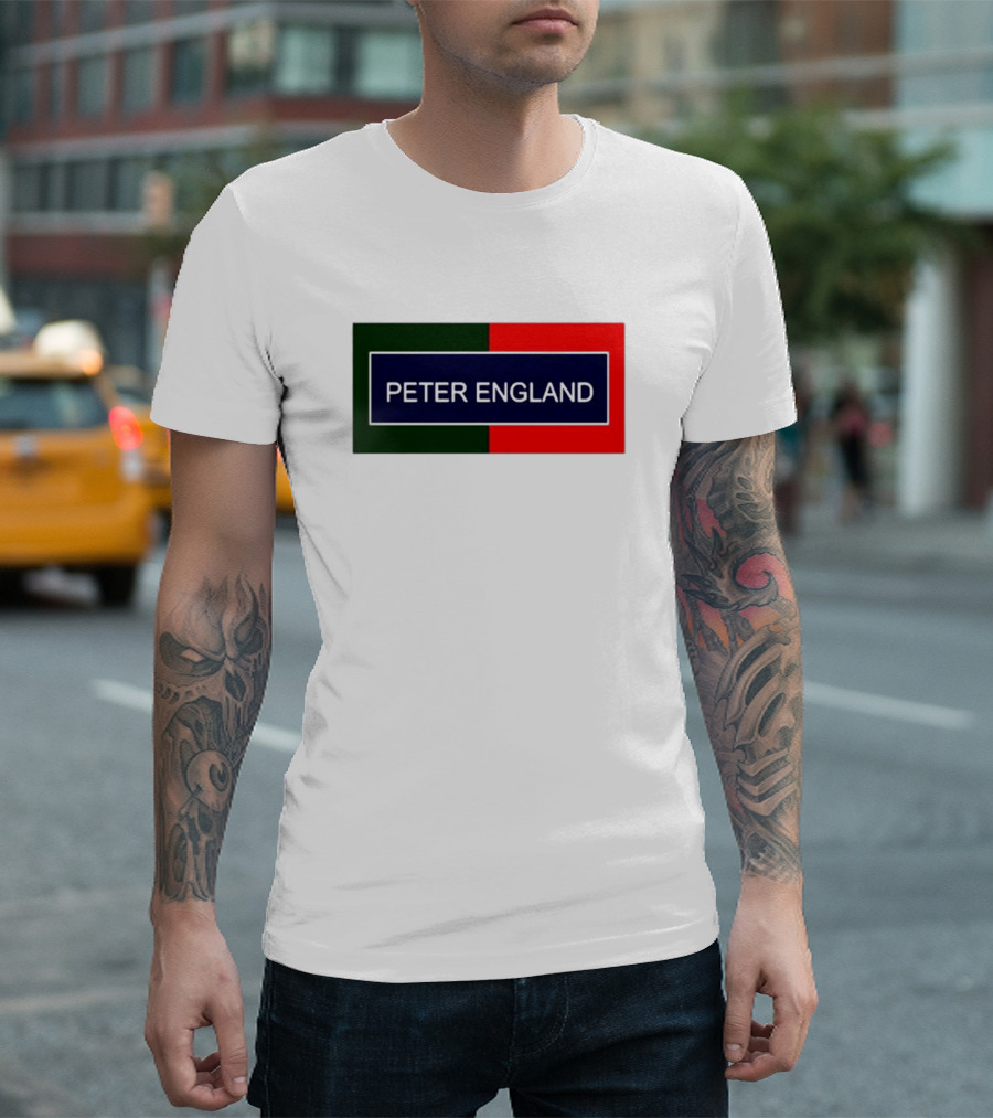 PETER ENGLAND Black Background Rectangular Logo with Green and Red Blocks T-Shirt