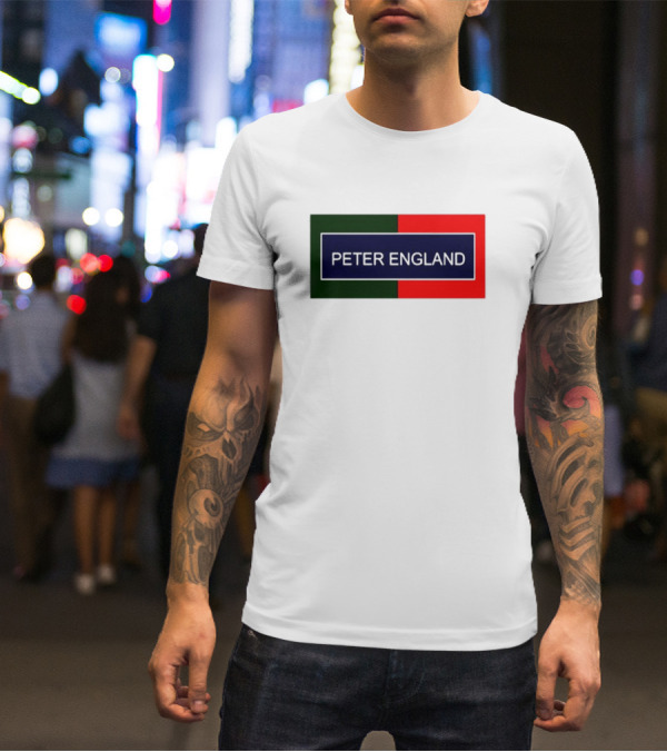 PETER ENGLAND Black Background Rectangular Logo With Green And Red Blocks T-Shirt