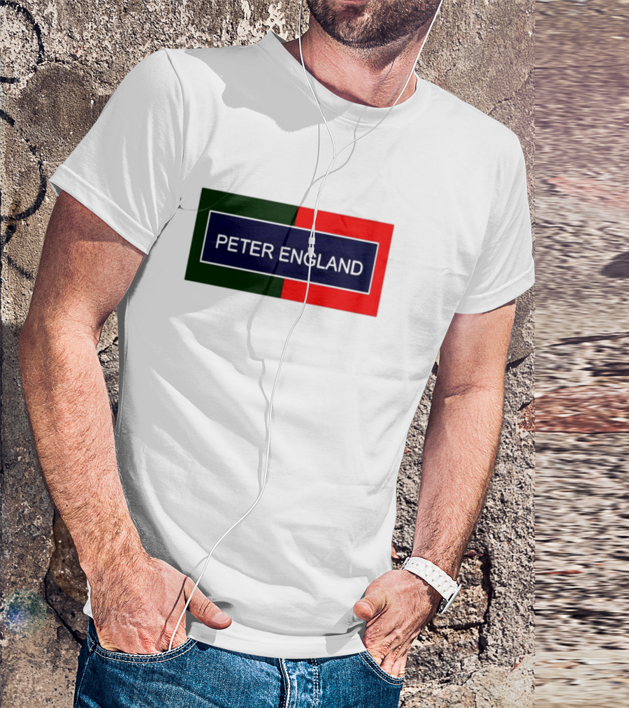 PETER ENGLAND Black Background Rectangular Logo With Green And Red Blocks T-Shirt