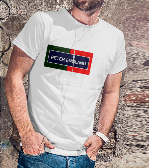 PETER ENGLAND Black Background Rectangular Logo With Green And Red Blocks T-Shirt